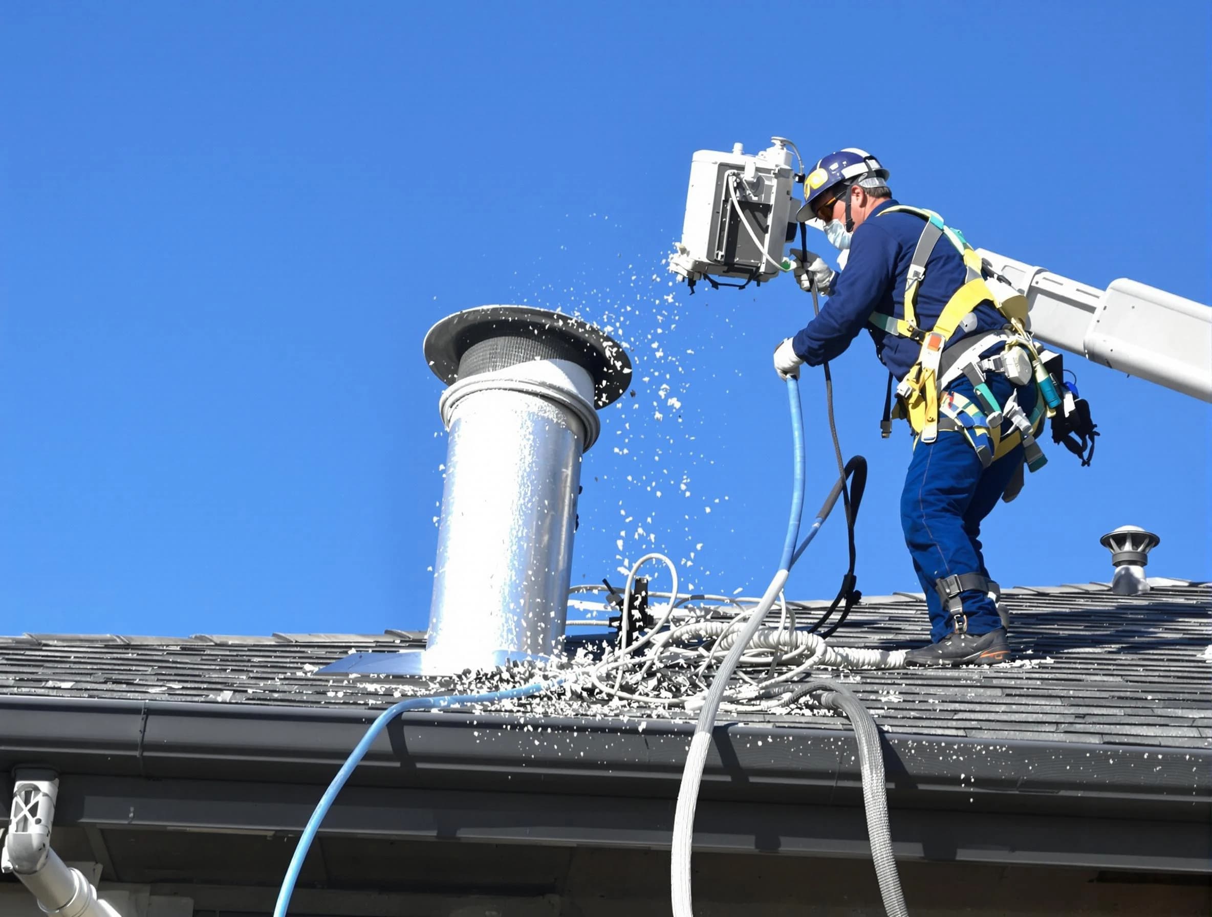 McDonough Dryer Vent Cleaning certified technician safely cleaning a roof-mounted dryer vent in McDonough