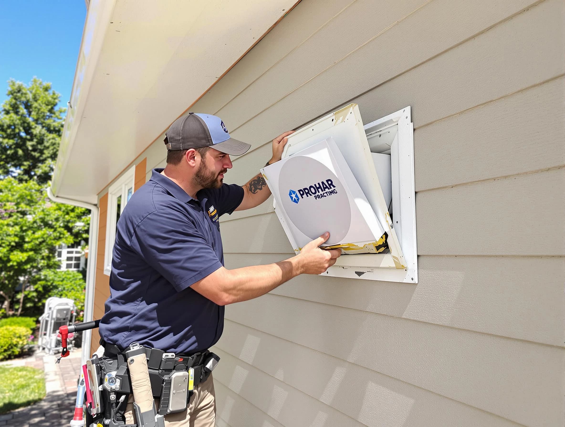 McDonough Dryer Vent Cleaning technician installing a new protective dryer vent cover on a home in McDonough
