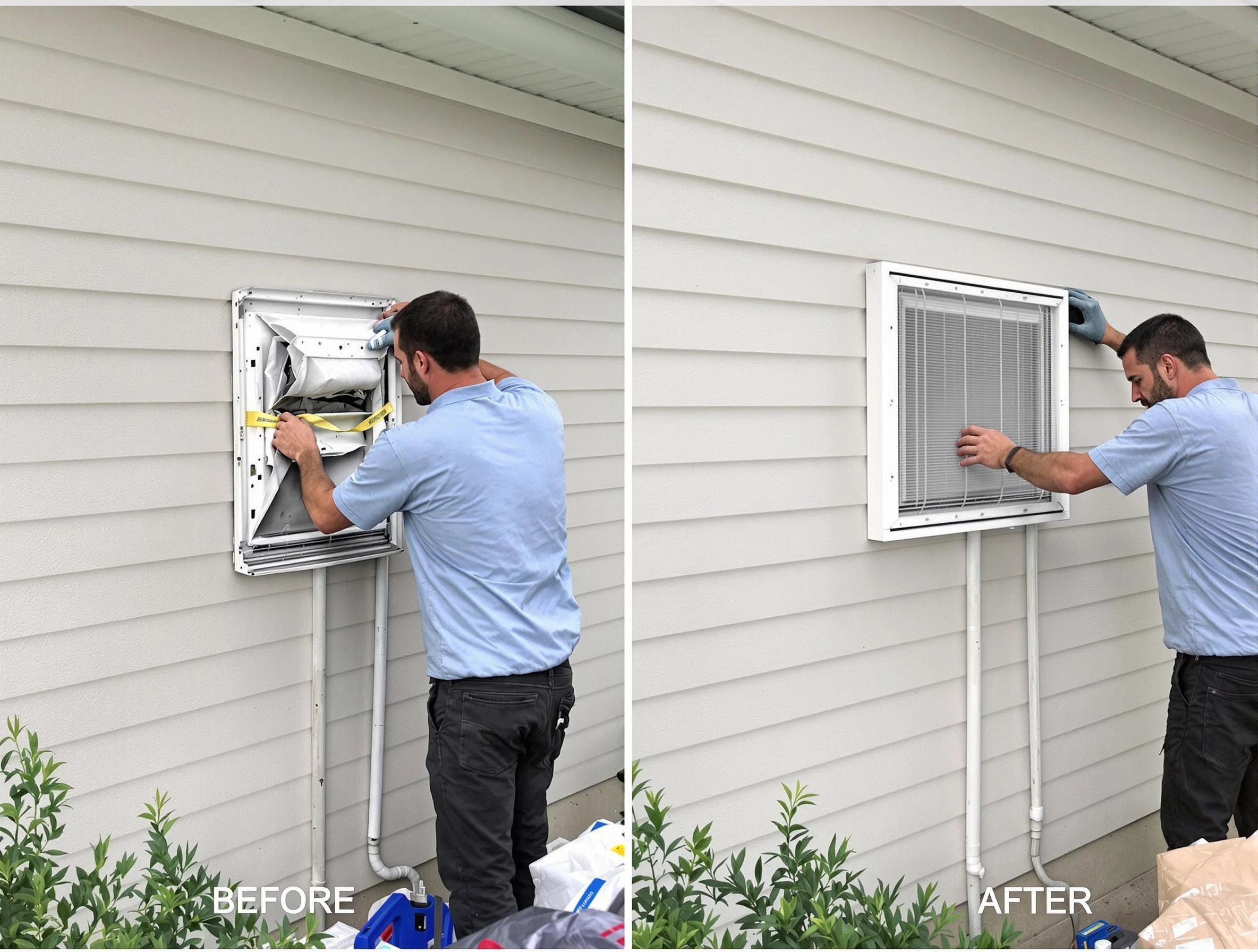 McDonough Dryer Vent Cleaning technician installing high-quality dryer vent cover at a residential property in McDonough